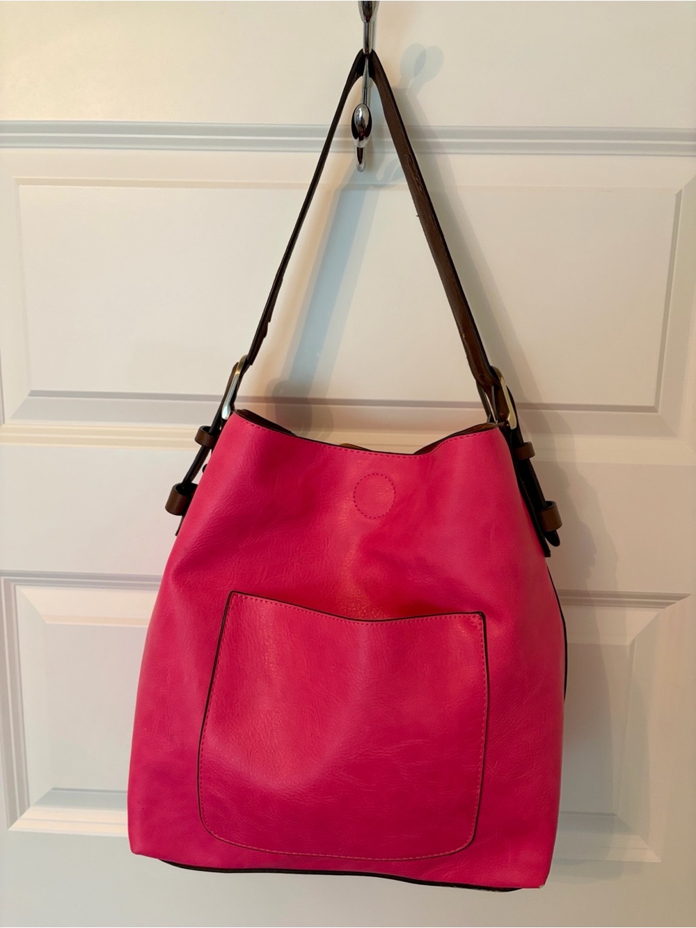 Hot Pink Leather Shoulder Bag with Front Pocket